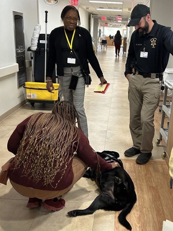 Tess, the therapy dog, visits with colleagues at Mercy.