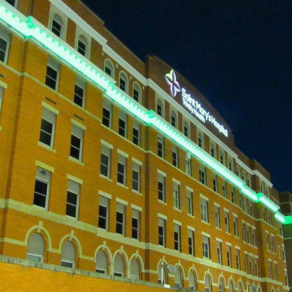 Saint Mary's Hospital shines green for National Injury Prevention Day.